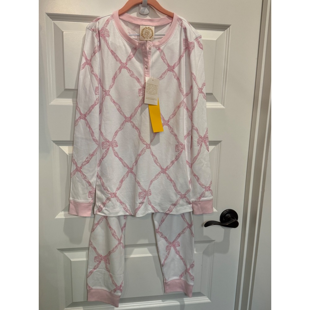 The Beaufort Bonnet Company Girls Pink Bow Trellis Pima Cotton Pajama Set 14